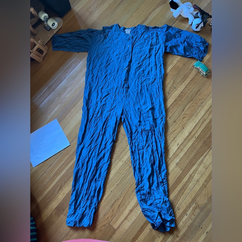 Light dusty blue silk oversized menswear coveralls S M mandarin romper jumpsuit